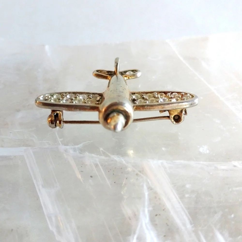 VINTAGE COOK L SOLID SILVER PIN AIRPLANE CRYSTALS SIGNED HALLMARKS